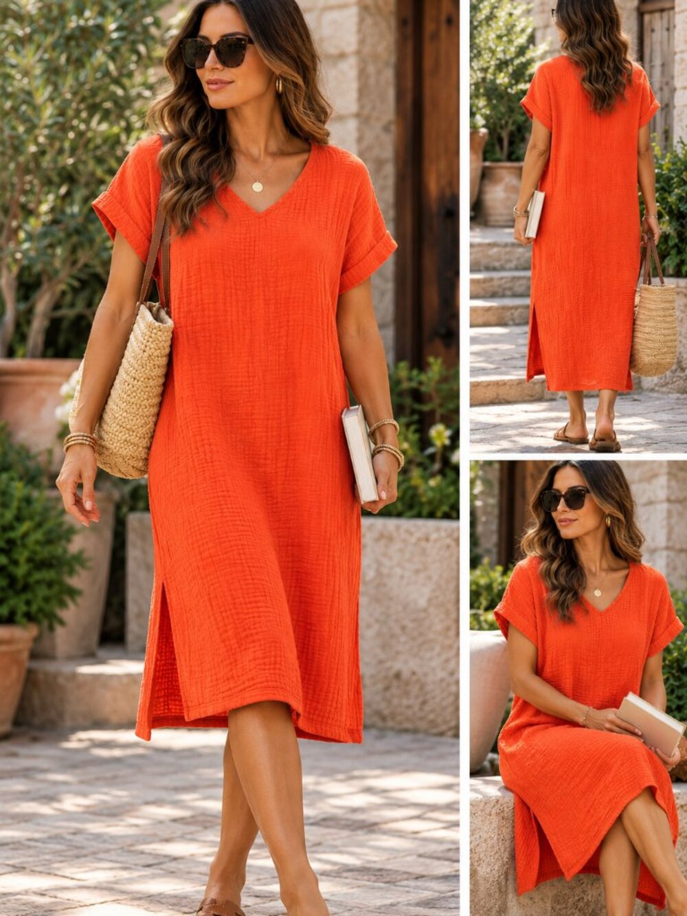 Eileen Fisher Dress Womens Organic Cotton Gauze Coral V Neck Midi Lagenlook